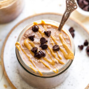 Chocolate Peanut Butter Overnight Oats Topped with Chocolate Chips