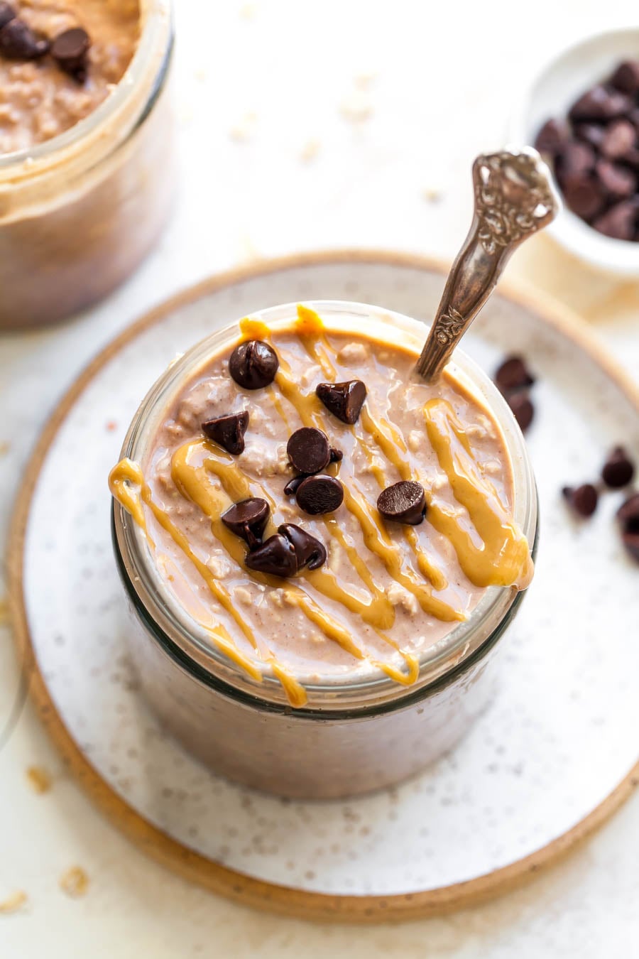 Chocolate Peanut Butter Overnight Oats Topped with Chocolate Chips