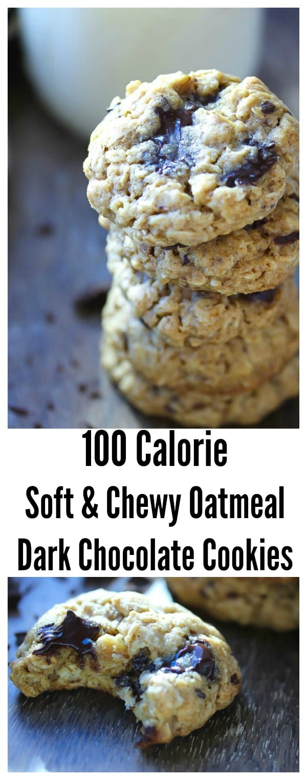Soft and Chewy Oatmeal Dark Chocolate Cookies made with whole grains for only 100 calories per cookie | dishingouthealth.com