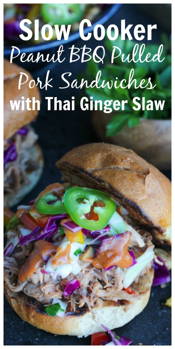 Slow Cooker BBQ Pulled Pork Sandwiches with Thai Ginger Slaw Pulled pork sandwiches with a sweet and tangy peanut butter BBQ sauce and a refreshing Thai ginger slaw. Guaranteed to become a family favorite! | dishingouthealth.com