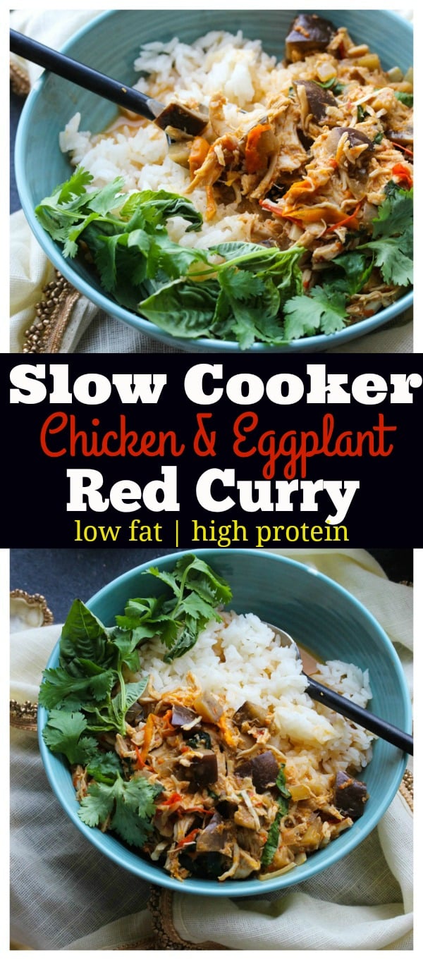 Slow Cooker Chicken and Eggplant Red Curry; an easy, flavorful meal that is low in fat and high in protein. Perfect for weeknight meals! | dishingouthealth.com