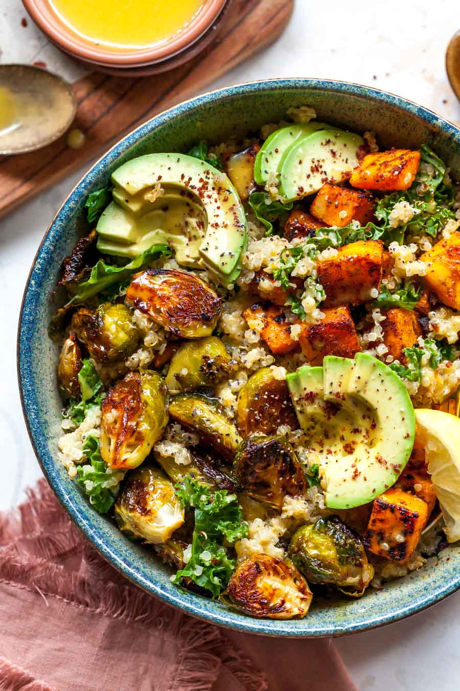 Quinoa and roasted veggies in a bowl