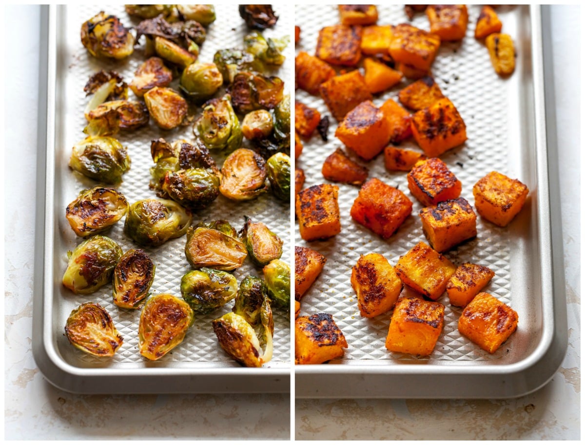 Roasted brussels sprouts and butternut squash on sheet pans