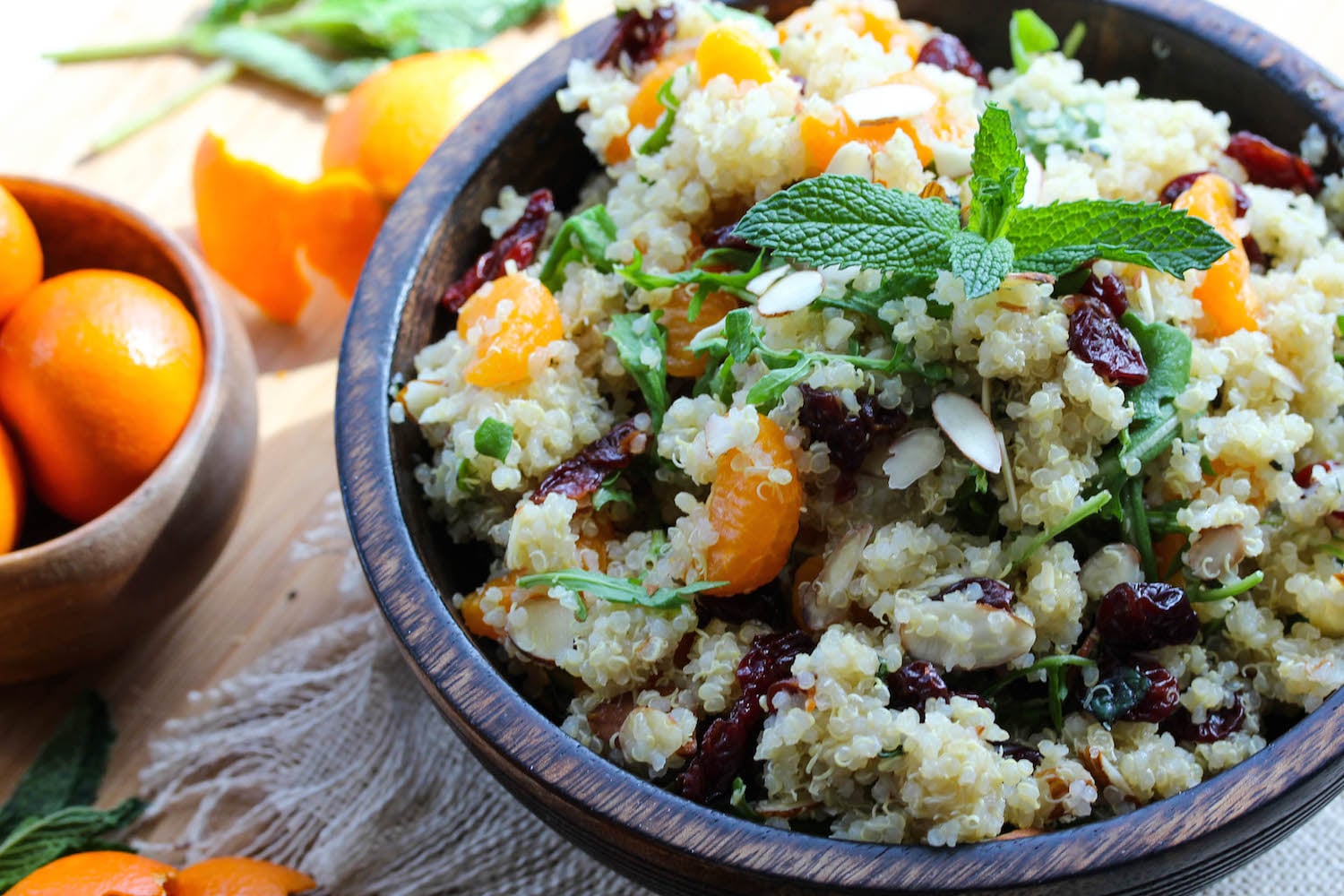 Citrus Mint Quinoa Salad with Cherries & Arugula; A light, nutritious and incredibly simple salad | dishingouthealth.com