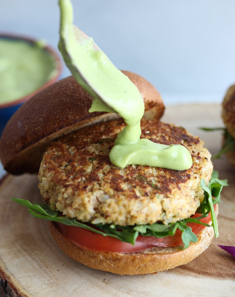 Cauliflower Hummus Burgers with Green Goddess Sauce