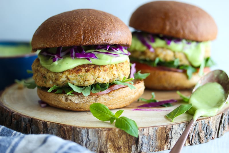 Cauliflower Hummus Burgers with Green Goddess Sauce