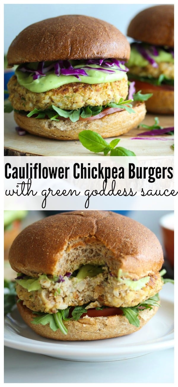Healthy Cauliflower Hummus Burgers with Green Goddess Sauce (vegetarian, gluten-free)