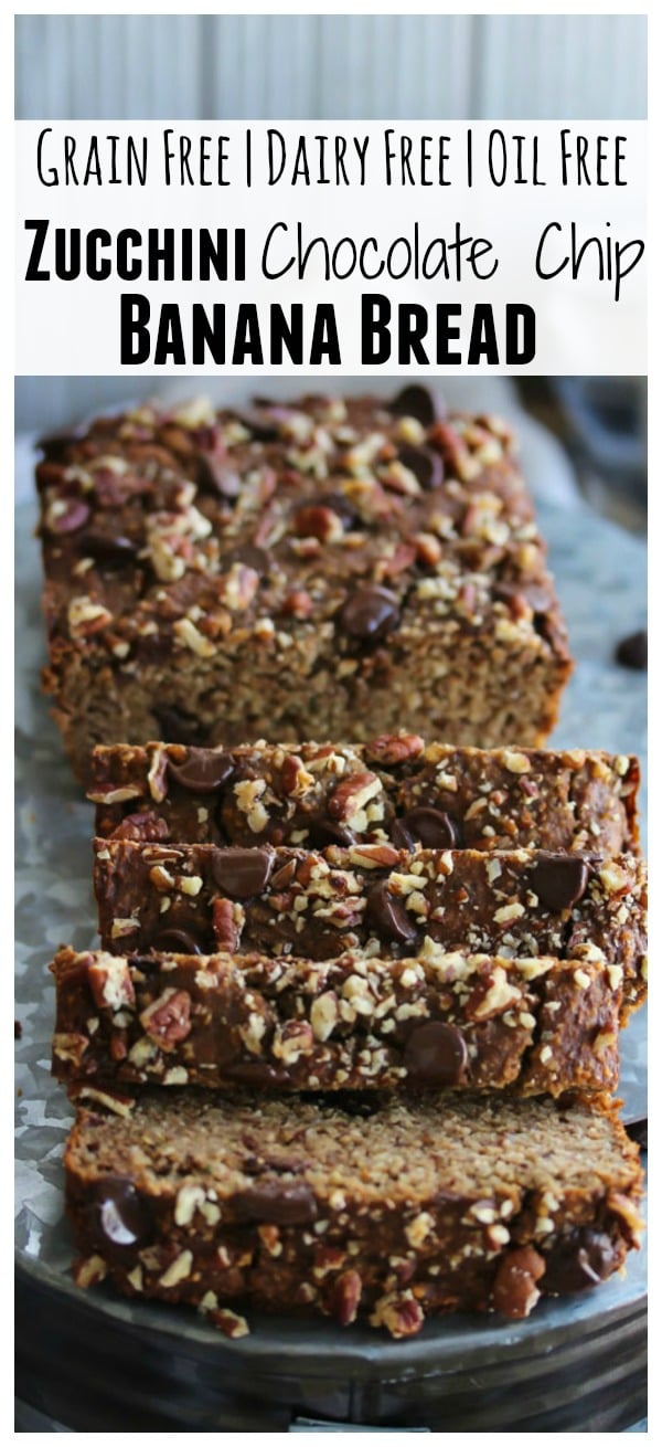 Grain Free Zucchini Chocolate Chip Banana Bread with no added oil or dairy. This protein-packed bread is rich in heart-healthy fats and makes for a nutritious breakfast. snack or dessert! | dishingouthealth.com