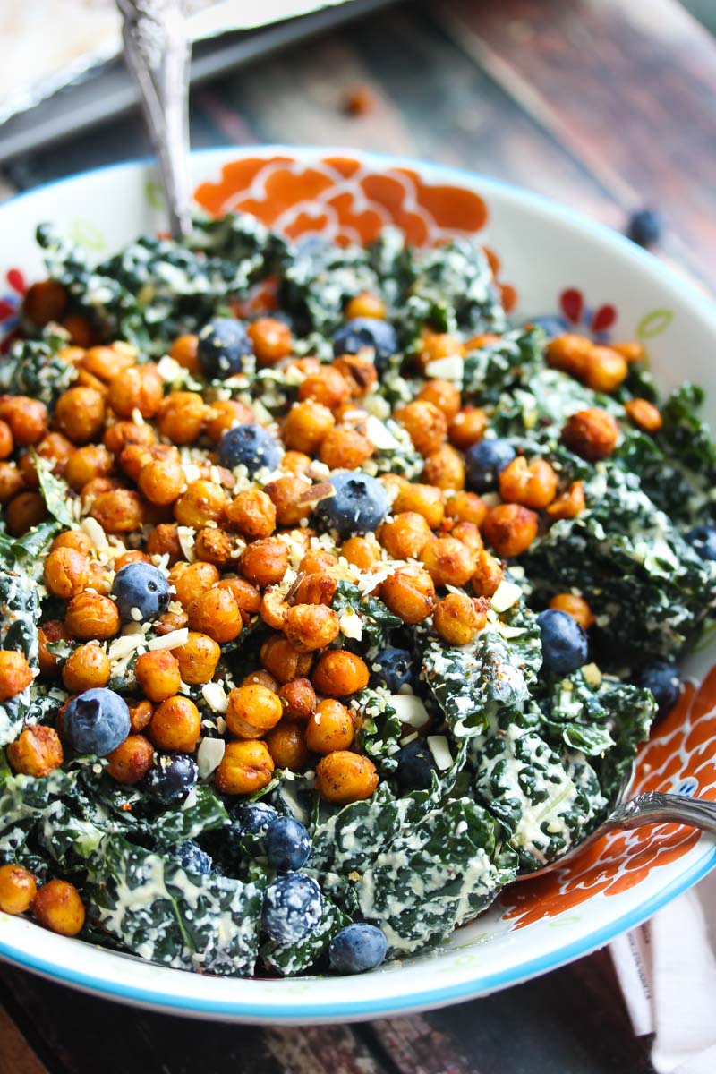 Blueberry Kale Caesar Salad with Smoky Chickpeas (Vegan)