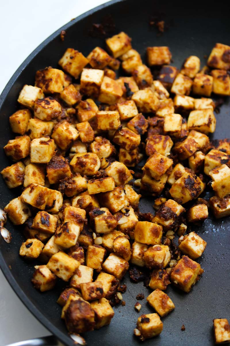 Sesame Cashew Tofu with Sweet Potato Noodles | dishingouthealth.com