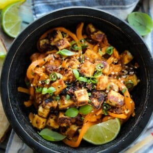 Sesame Cashew Tofu with Sweet Potato Noodles | dishingouthealth.com