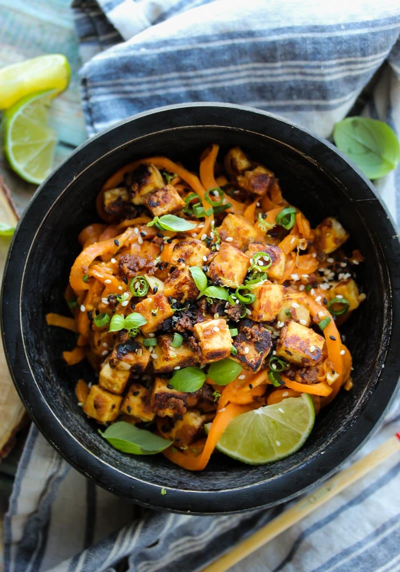 Sesame Cashew Tofu with Sweet Potato Noodles | dishingouthealth.com