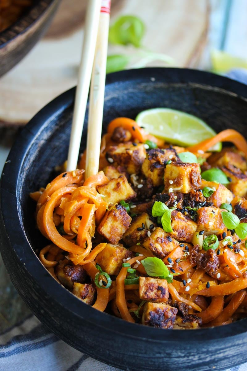 Sesame Cashew Tofu with Sweet Potato Noodles | dishingouthealth.com