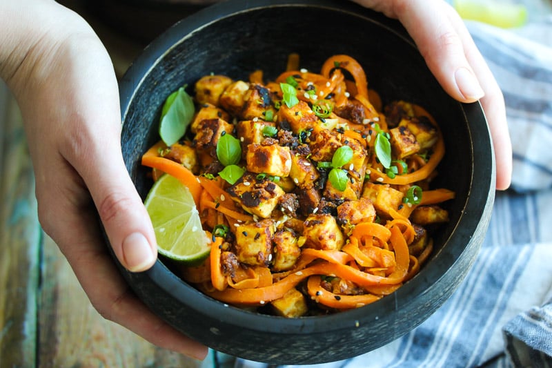 Sesame Cashew Tofu with Sweet Potato Noodles | dishingouthealth.com