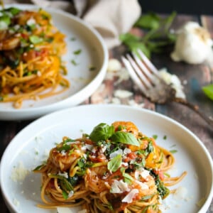 30 Minute Shrimp Pasta Primavera with Zoodles | dishingouthealth.com