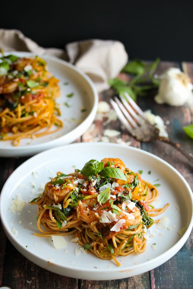 30 Minute Shrimp Pasta Primavera with Zoodles | dishingouthealth.com