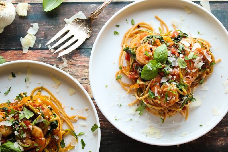 30 Minute Shrimp Pasta Primavera with Zoodles | dishingouthealth.com