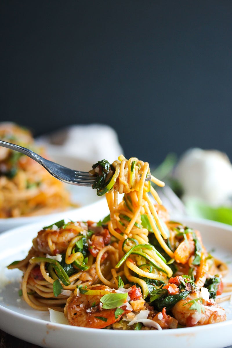 30 Minute Shrimp Pasta Primavera with Zoodles | dishingouthealth.com