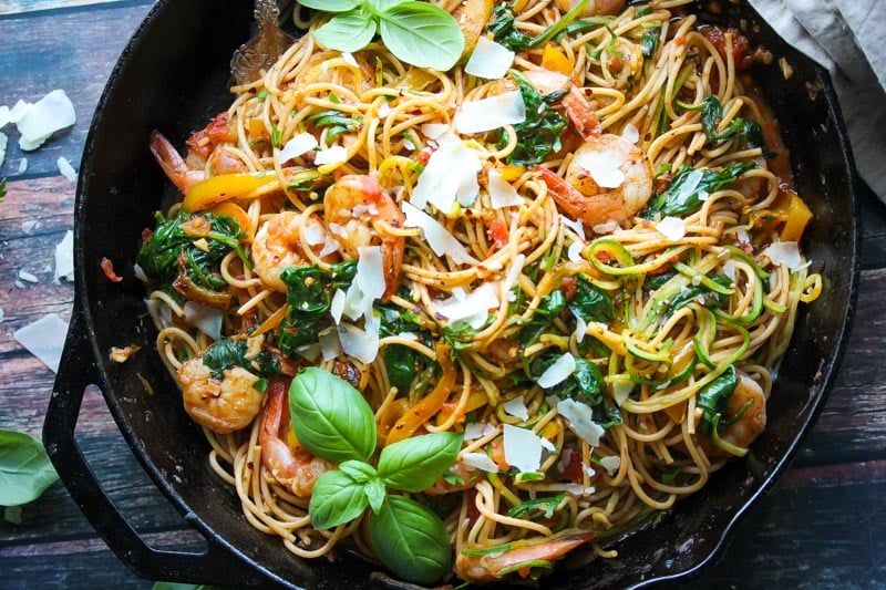 30 Minute Shrimp Pasta Primavera with Zoodles | dishingouthealth.com