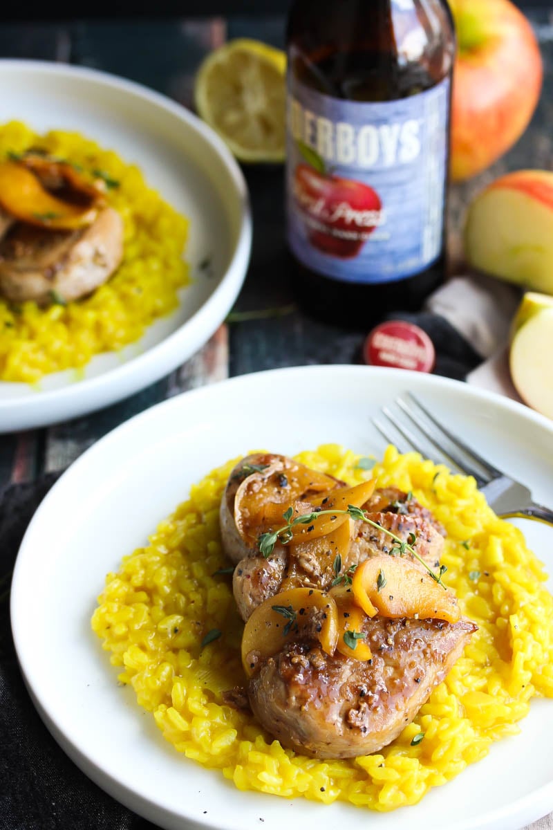 Cider Glazed Pork Medallions with Turmeric Risotto | dishingouthealth.com