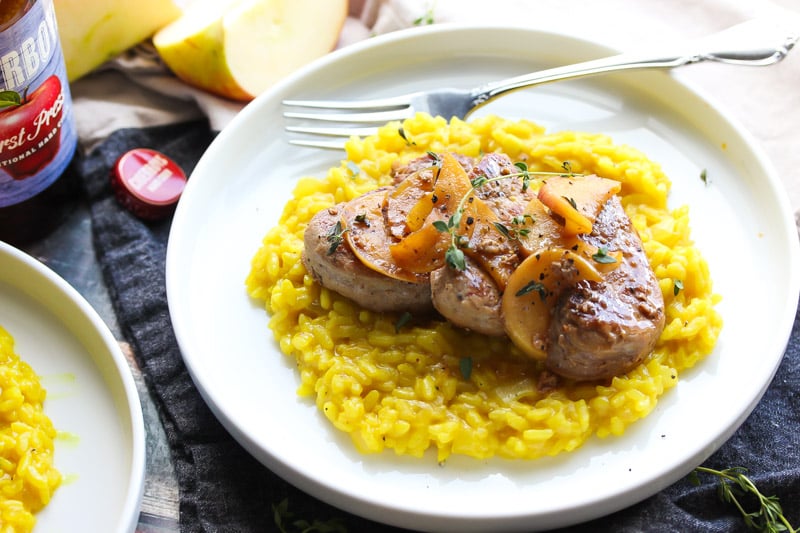 Cider Glazed Pork Medallions with Turmeric Risotto | dishingouthealth.com