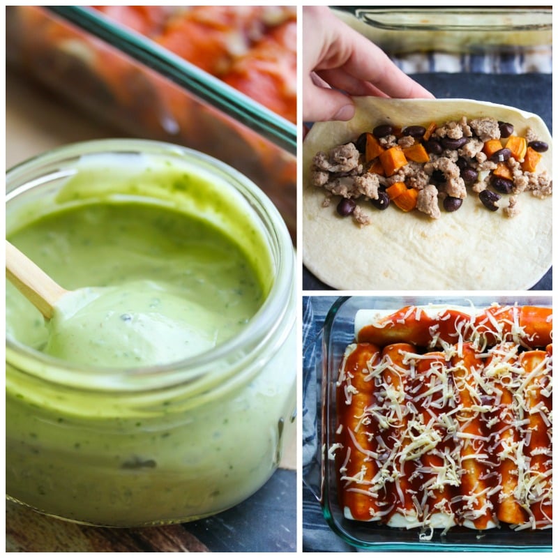 Turkey and Sweet Potato Enchiladas with Avocado Cream