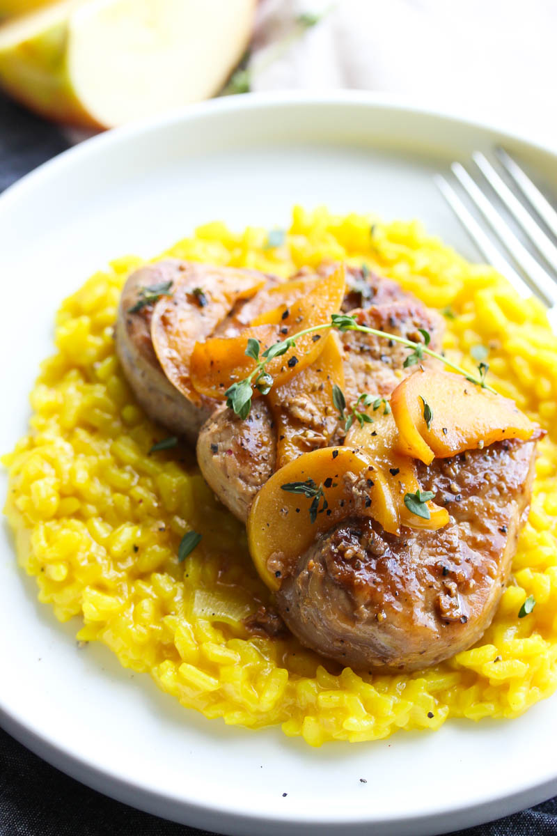 Cider Glazed Pork Medallions with Turmeric Risotto | dishingouthealth.com