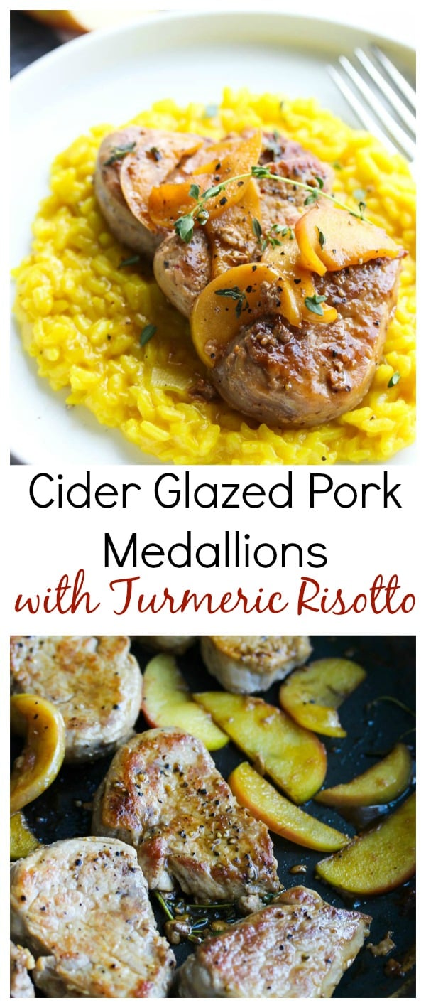 Cider Glazed Pork Medallions with Turmeric Risotto | dishingouthealth.com