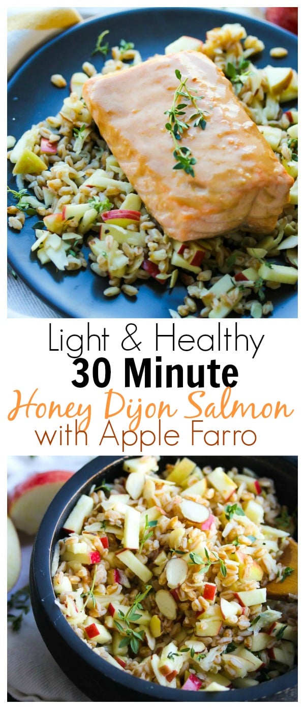 30 Minute Honey Dijon Salmon with Apple Farro; A light and simple meal that is rich in protein, heart-healthy fats and fiber. Perfect for weeknight meals! | dishingouthealth.com