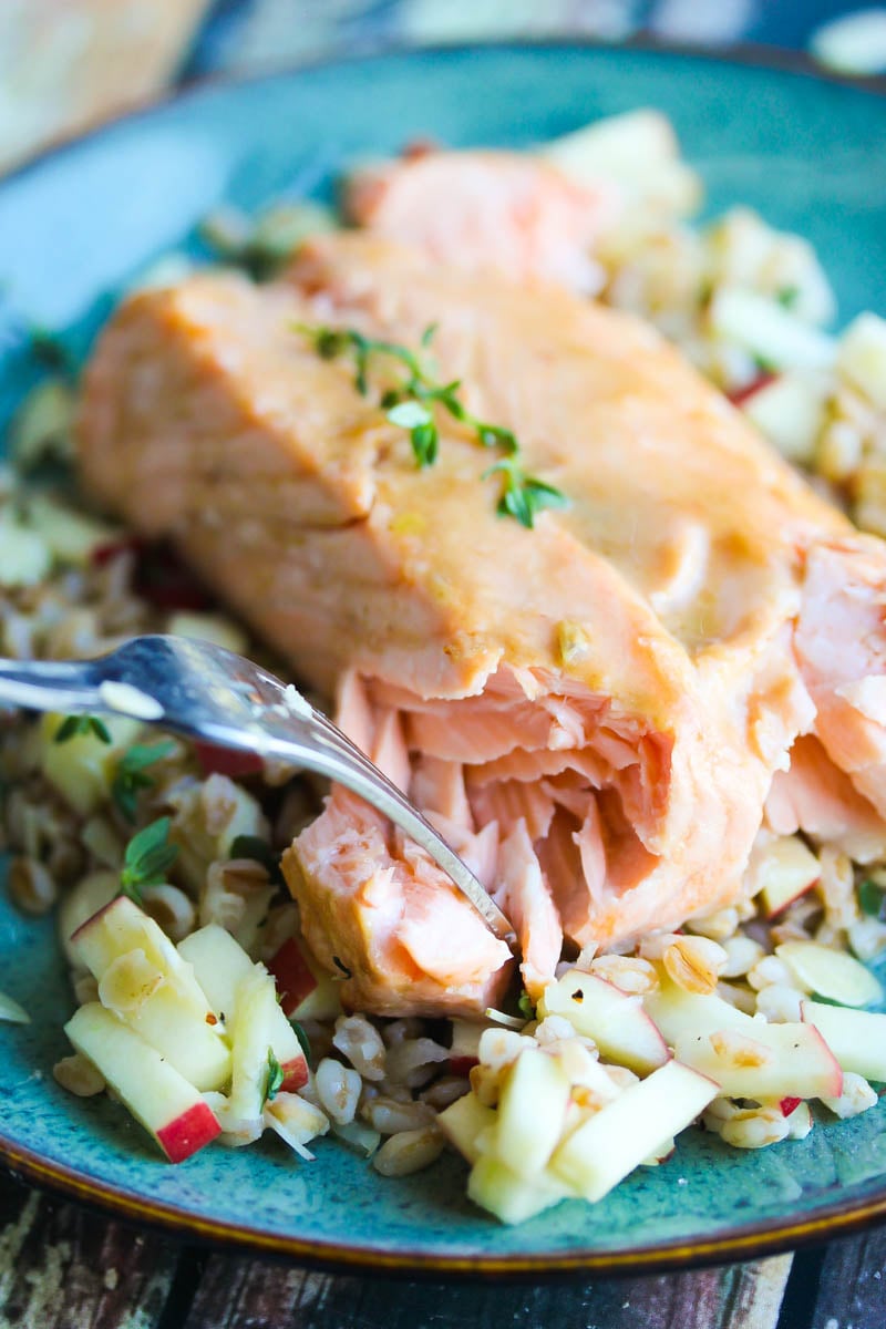 30 Minute Honey Dijon Salmon with Apple Farro