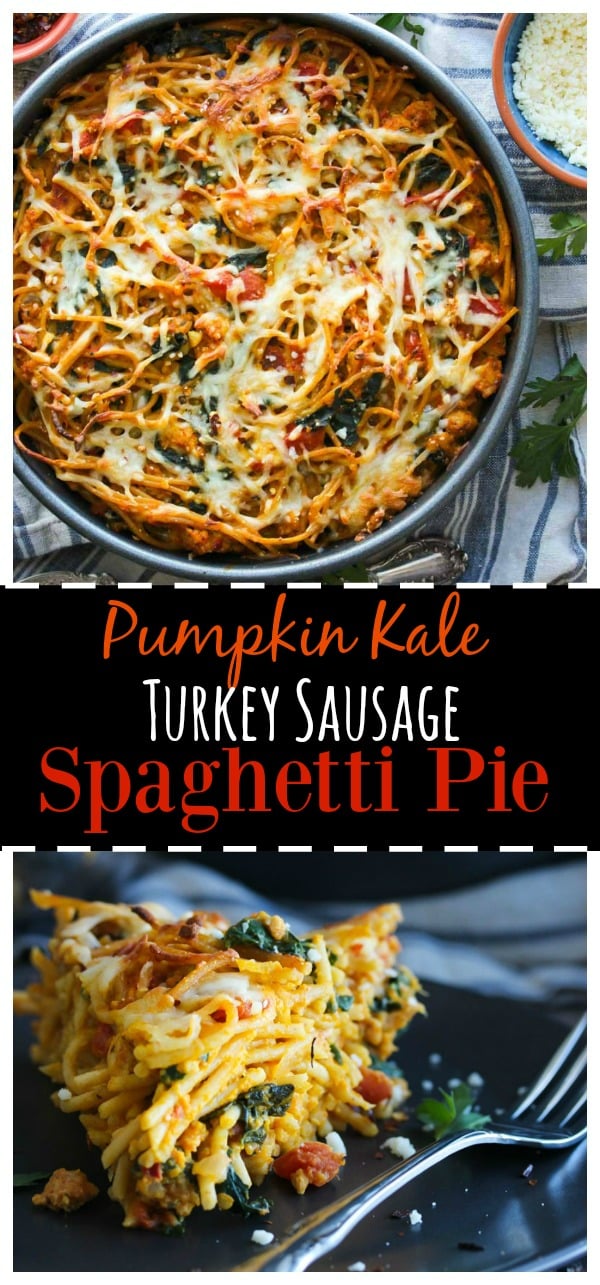 Pumpkin Kale Turkey Sausage Spaghetti Pie; a family-favorite that is both waistline and budget friendly! | dishingouthealth.com