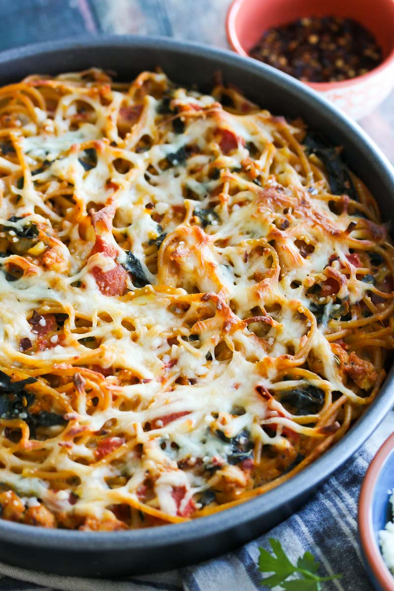 Pumpkin Kale Turkey Sausage Spaghetti Pie | dishingouthealth.com