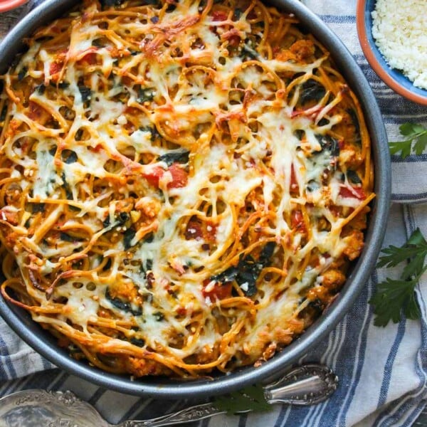 Pumpkin Kale Turkey Sausage Spaghetti Pie | dishingouthealth.com