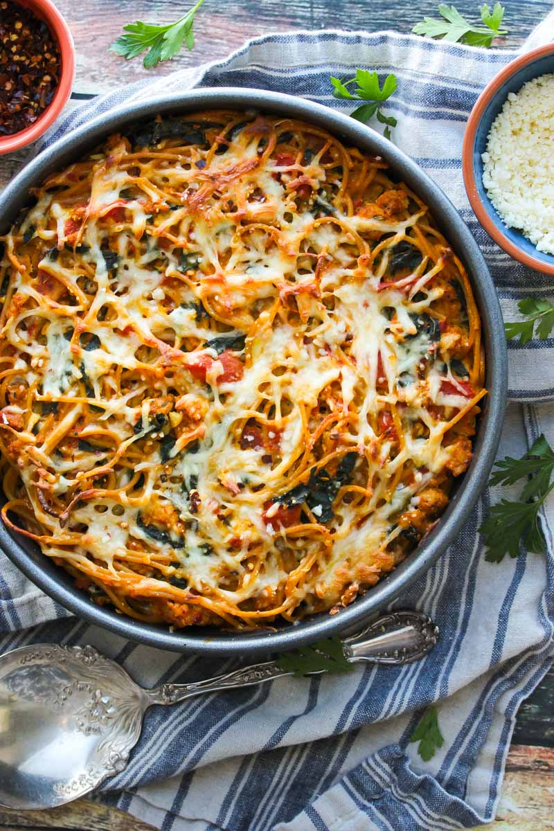 Pumpkin Kale Turkey Sausage Spaghetti Pie | dishingouthealth.com