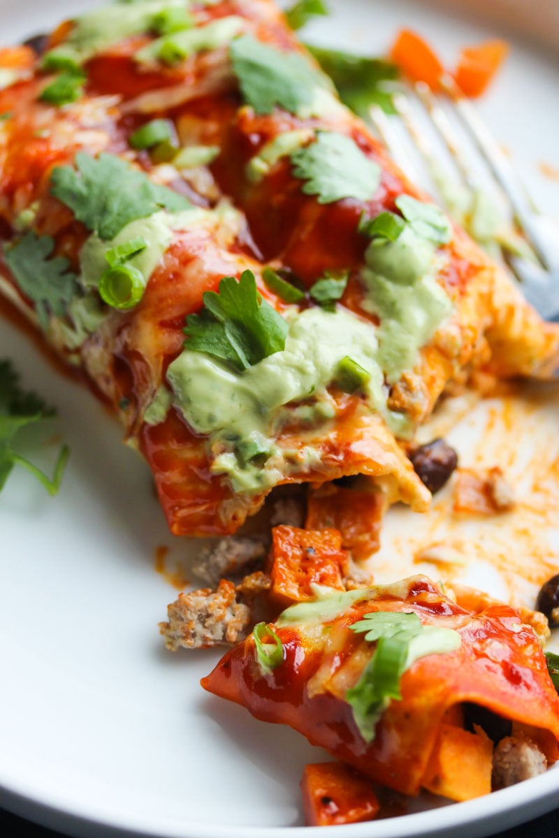 Turkey and Sweet Potato Enchiladas with Avocado Cream