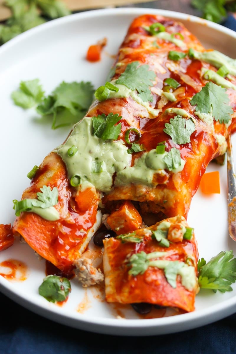 Turkey and Sweet Potato Enchiladas with Avocado Cream