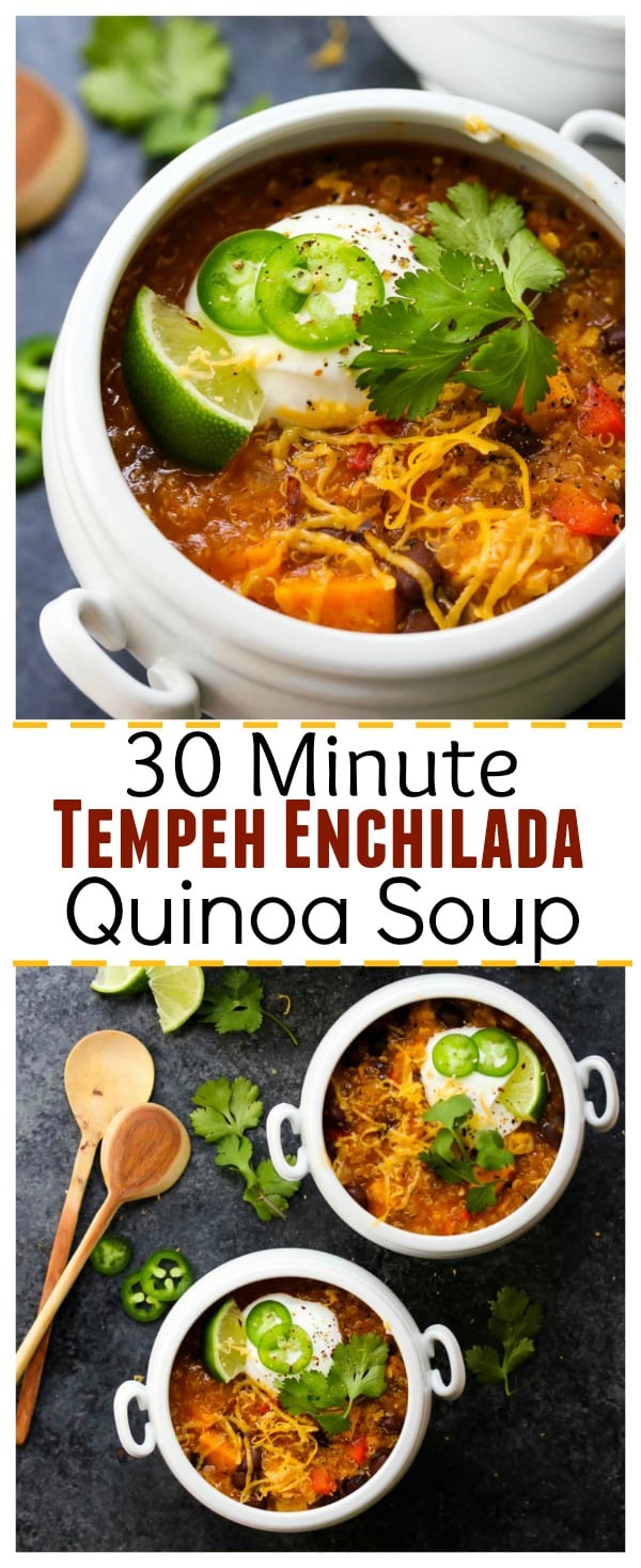 30 Minute Tempeh Enchilada Quinoa Soup; vegetarian, gluten free | dishingouthealth.com