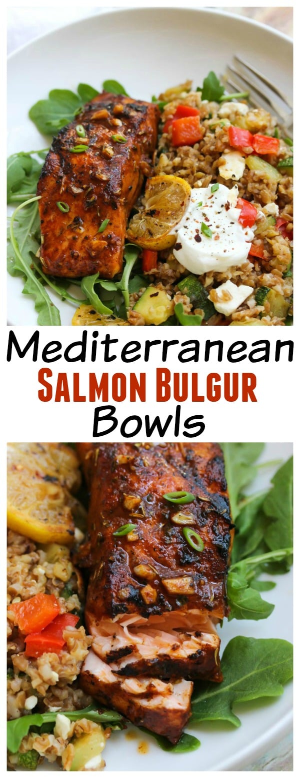 Healthy Mediterranean Salmon Bulgur Bowls | dishingouthealth.com