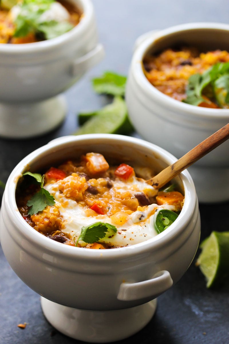 30 Minute Tempeh Enchilada Quinoa Soup | dishingouthealth.com