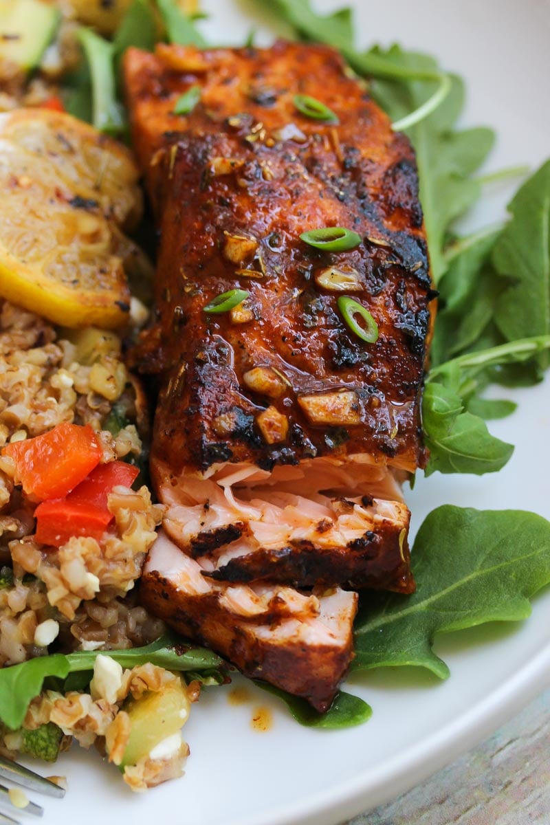 Mediterranean Salmon Bulgur Bowls | dishingouthealth.com