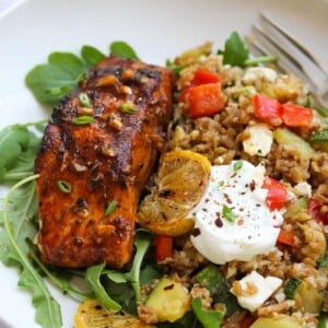 Mediterranean Salmon Bulgur Bowls | dishingouthealth.com