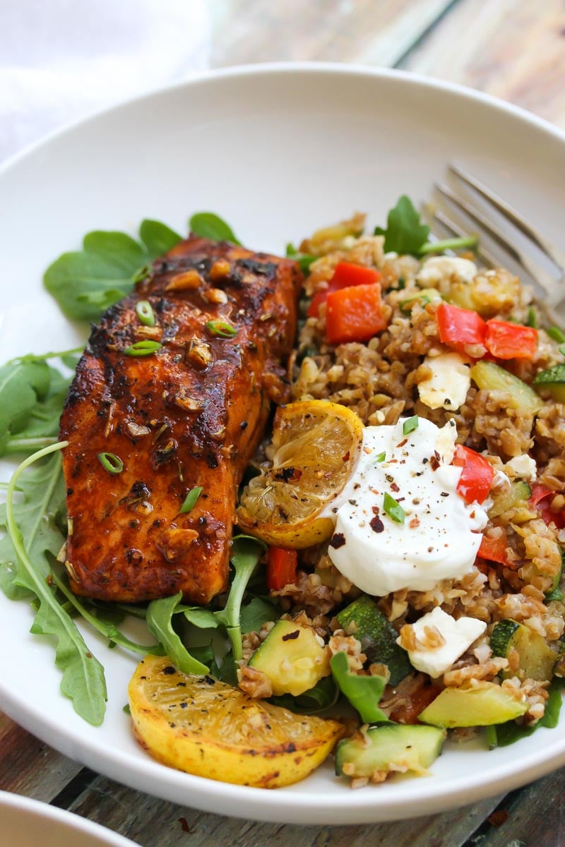 Mediterranean Salmon Bulgur Bowls | dishingouthealth.com