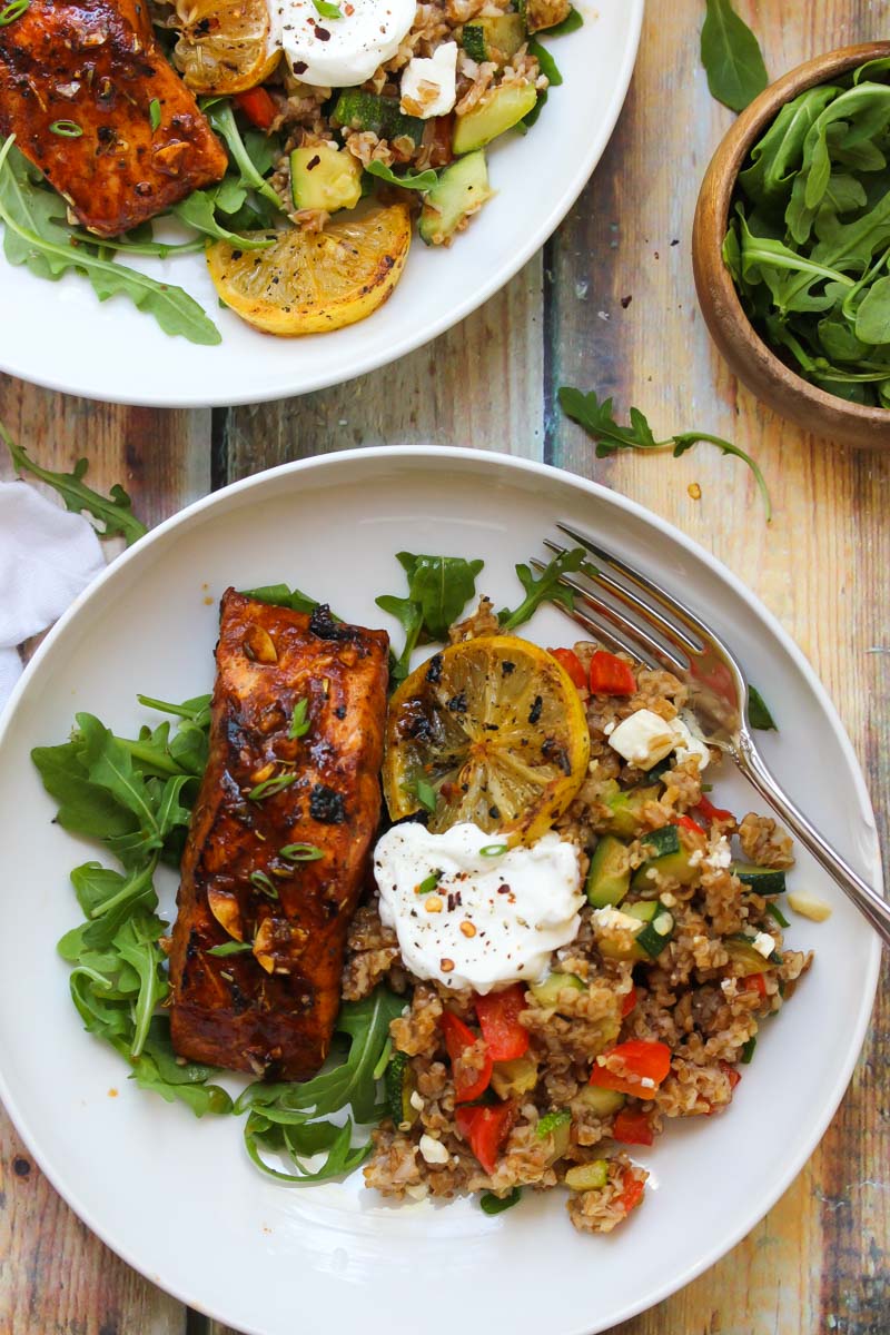 Mediterranean Salmon Bulgur Bowls | dishingouthealth.com