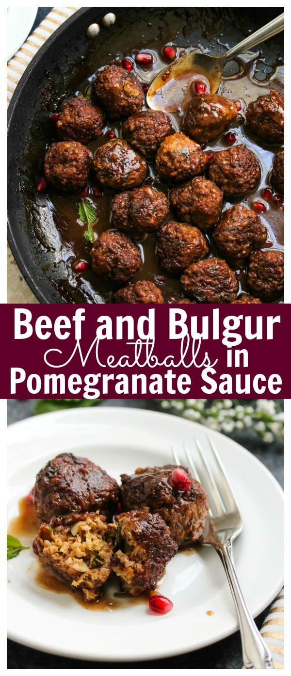 Beef and Bulgur Meatballs in Pomegranate Sauce | dishingouthealth.com