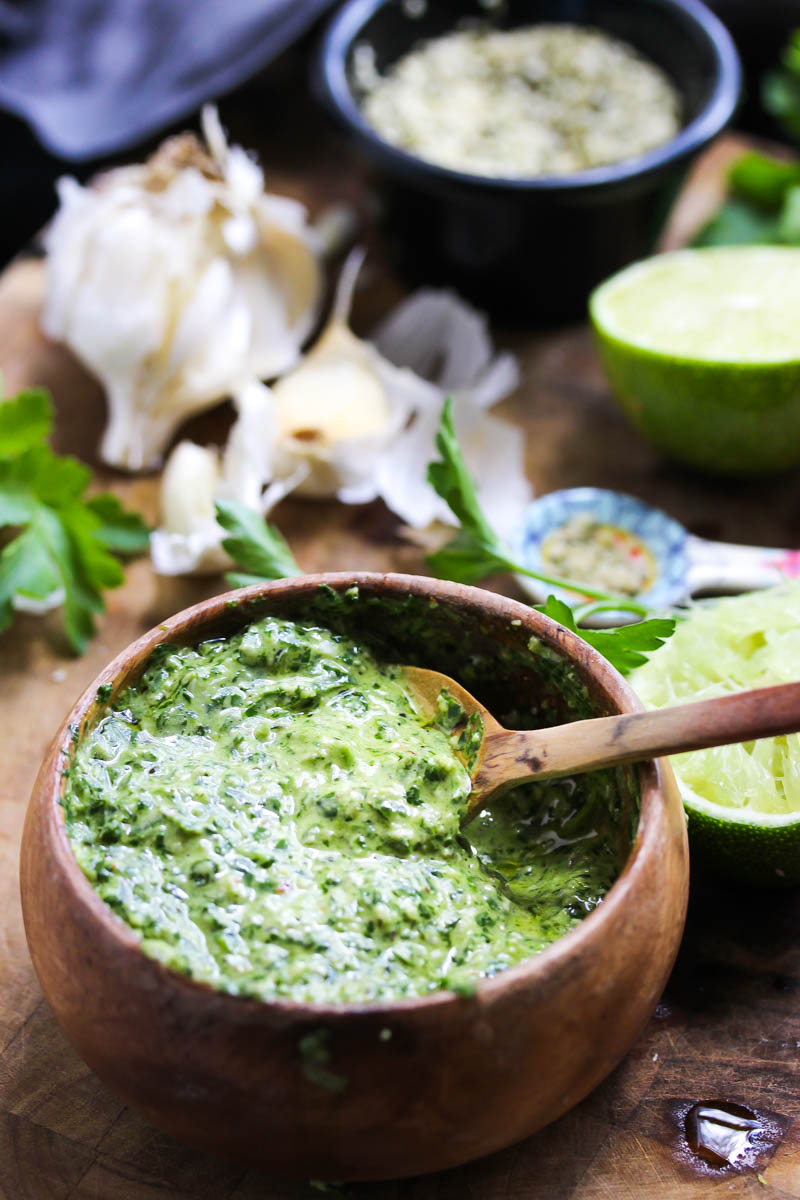 Roasted Cauliflower Steaks with Hemp Chimichurri | dishingouthealth.com