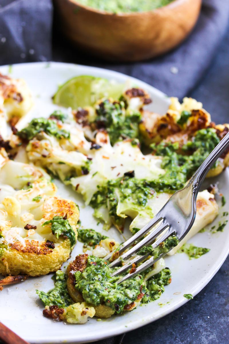 Roasted Cauliflower Steaks with Hemp Chimichurri | dishingouthealth.com