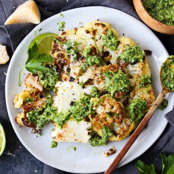 Roasted Cauliflower Steaks with Hemp Chimichurri | dishingouthealth.com