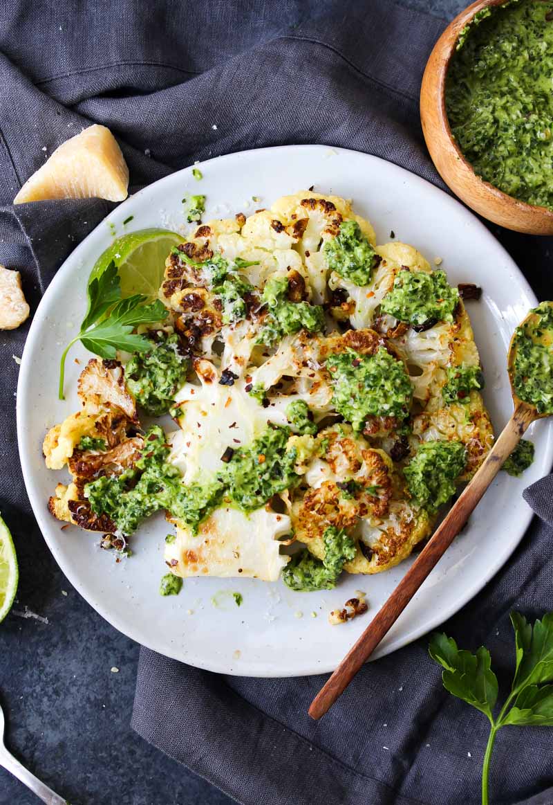 Roasted Cauliflower Steaks with Hemp Chimichurri | dishingouthealth.com