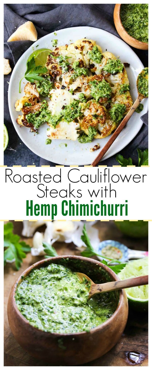 Roasted Cauliflower Steaks with Hemp Chimichurri (vegan-friendly, gluten free) | dishingouthealth.com