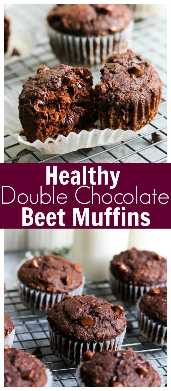 Healthy Double Chocolate Beet Muffins (whole grain, kid-friendly) | dishingouthealth.com